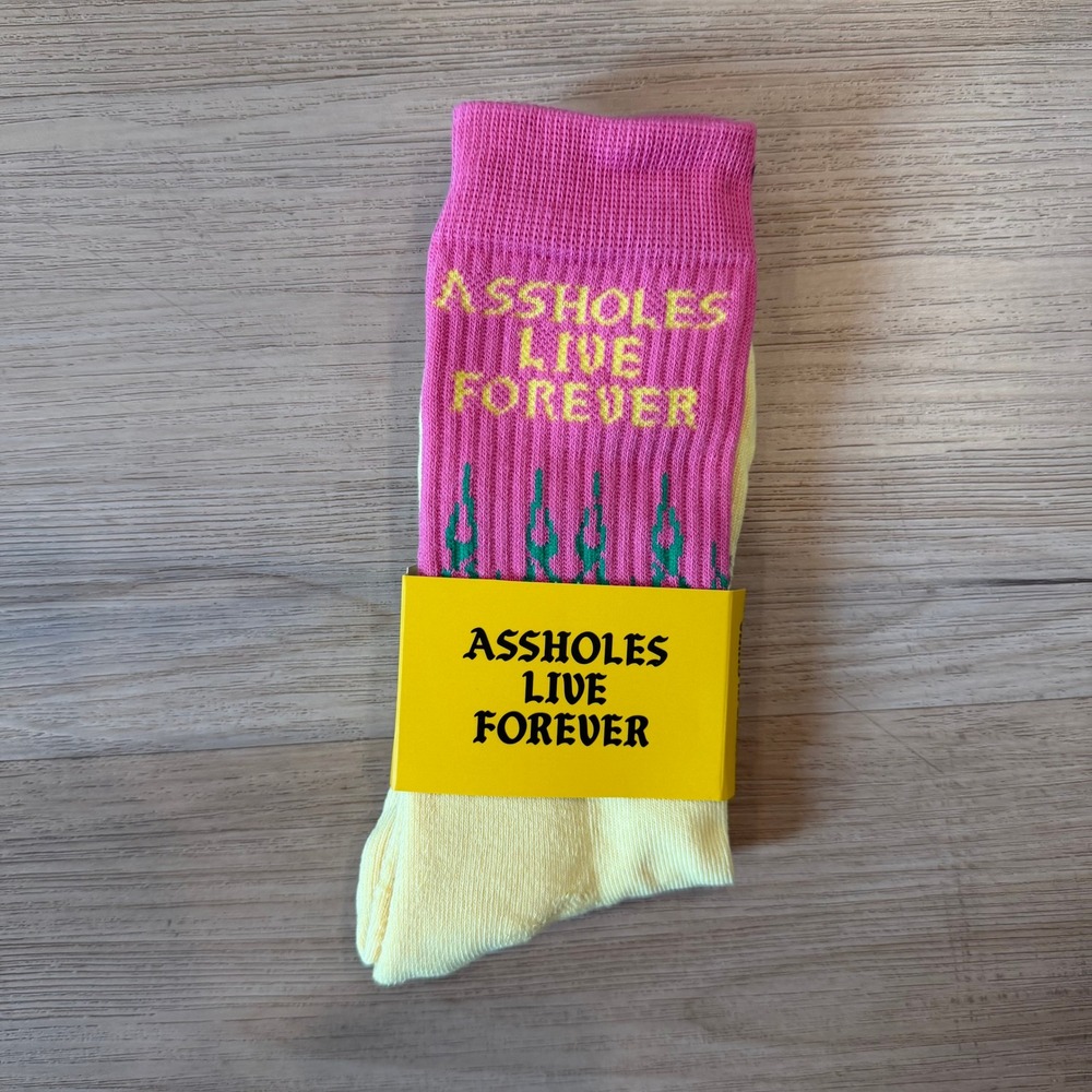 A$$holes Live Forever Yellow and Pink with Flames Logo Socks